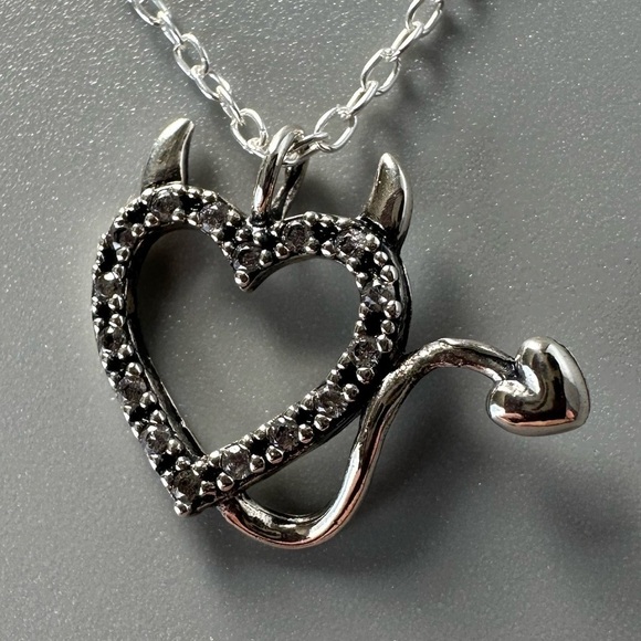 Sterling Silver Black CZ Devil Heart Necklace - Edgy Romance - Picture 10 of 11